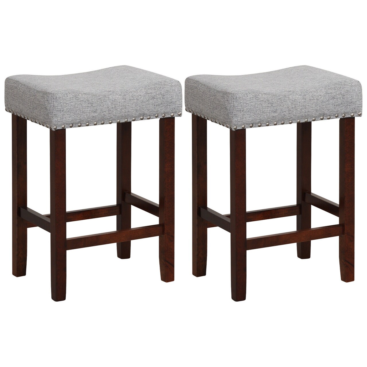 24 Inch Set of 2 Bar Stool with Curved Seat Cushions and Nail Head Trim